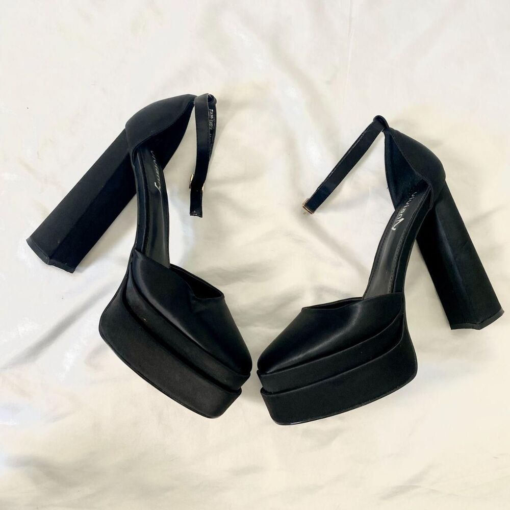 Vivianly Chunky Vampy Gothic Platform Round Black Satin Lolita Mary Jane Heels